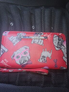 Betsey Johnson Red Pug Print Wristlet Clutch